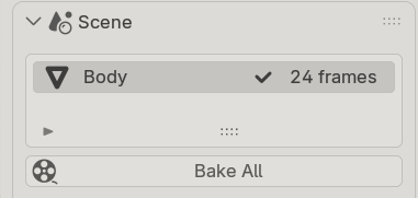 The Scene section: the list of set-up objects, with Bake All