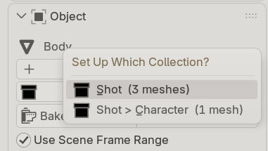 The list Set Up Collection opens for a mesh in Character, inside Shot